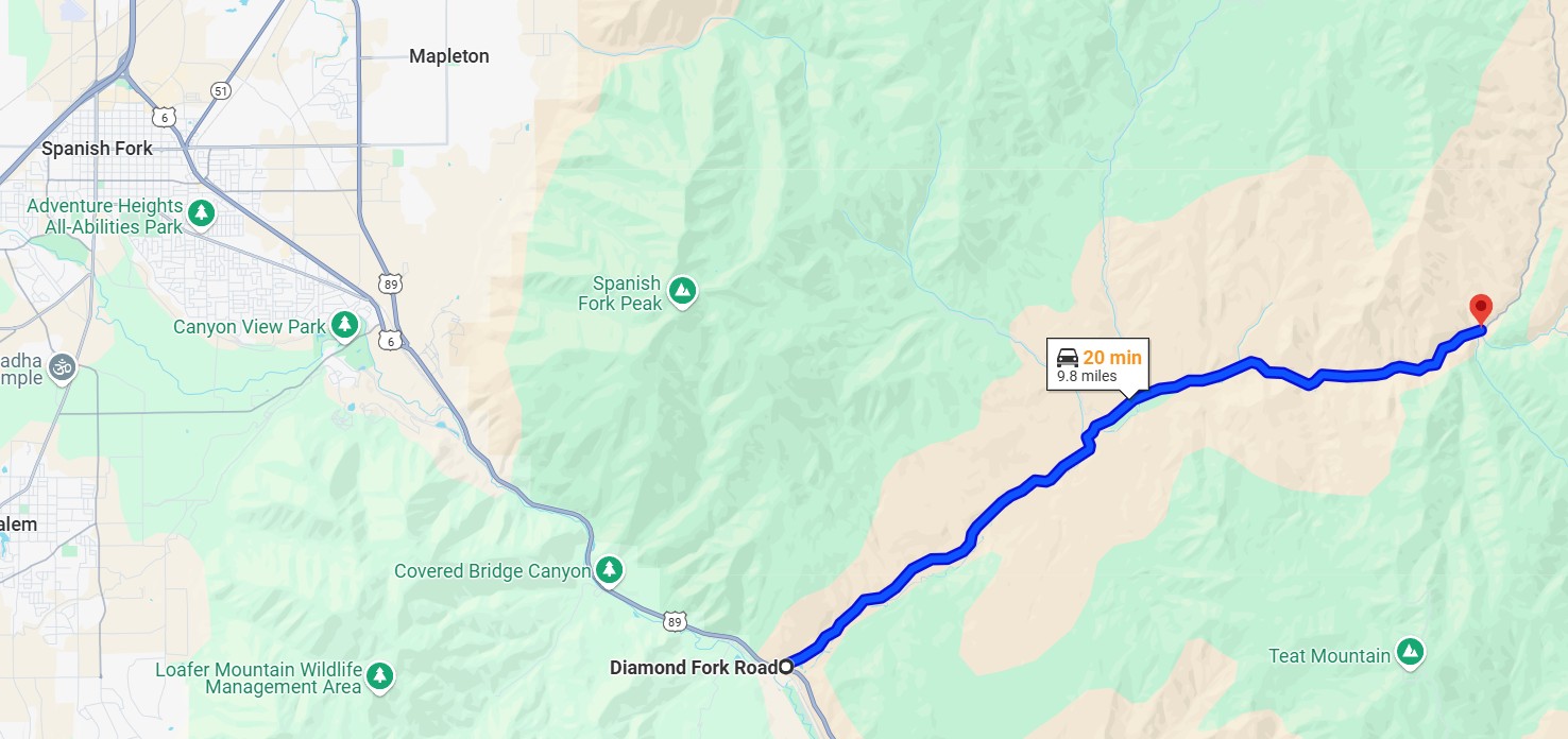 Map of diamond fork road. Just south west of Spanish Fork and Mapleton.